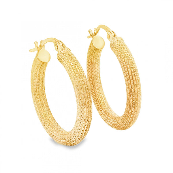 9ct Yellow Gold Patterned Tube Hoop Earrings - 3x22x21mm - 1.3g
