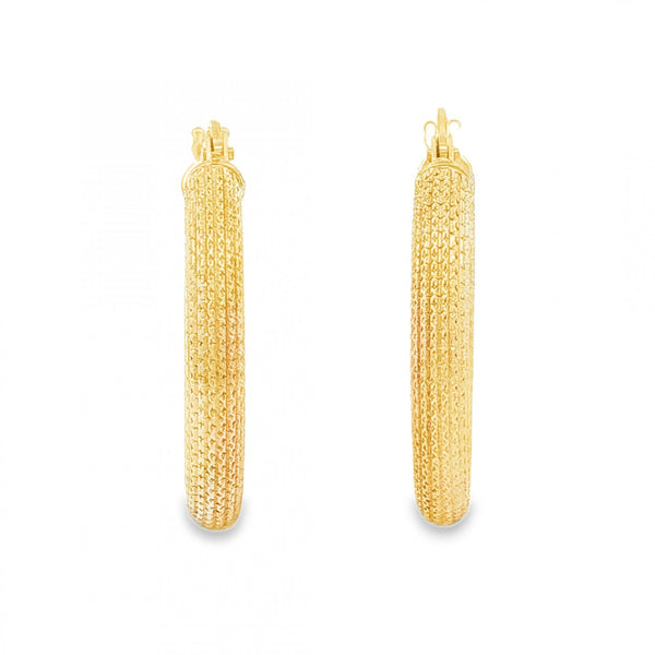 9ct Yellow Gold Patterned Tube Hoop Earrings - 3x22x21mm - 1.3g