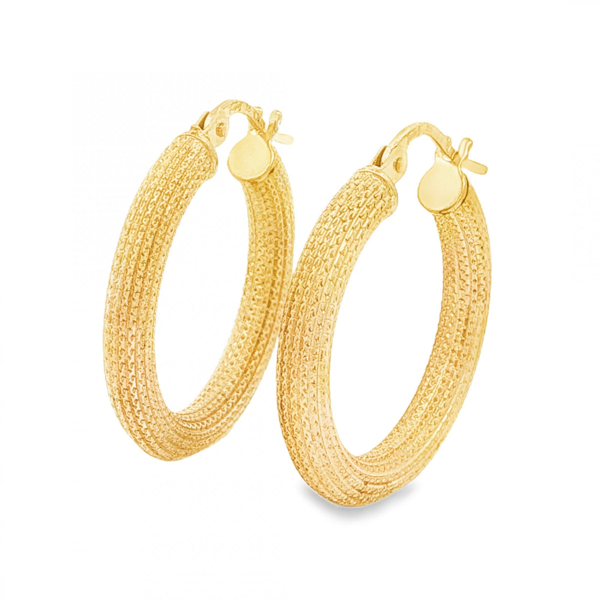 9ct Yellow Gold Patterned Tube Hoop Earrings - 3x22x21mm - 1.3g