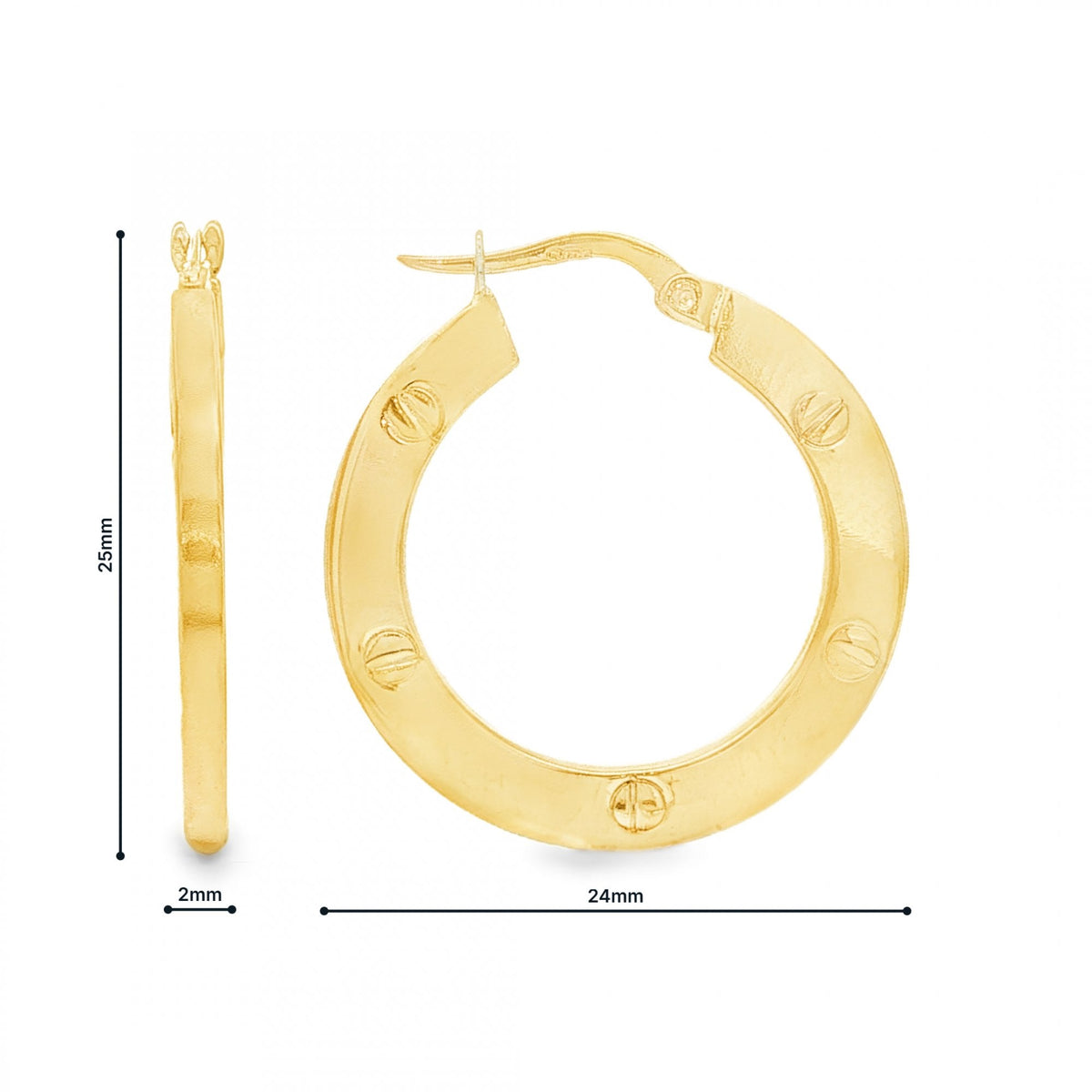 9ct Yellow Gold Screw-Engraved Hoop Earrings - 2x25x24mm - 3.0g