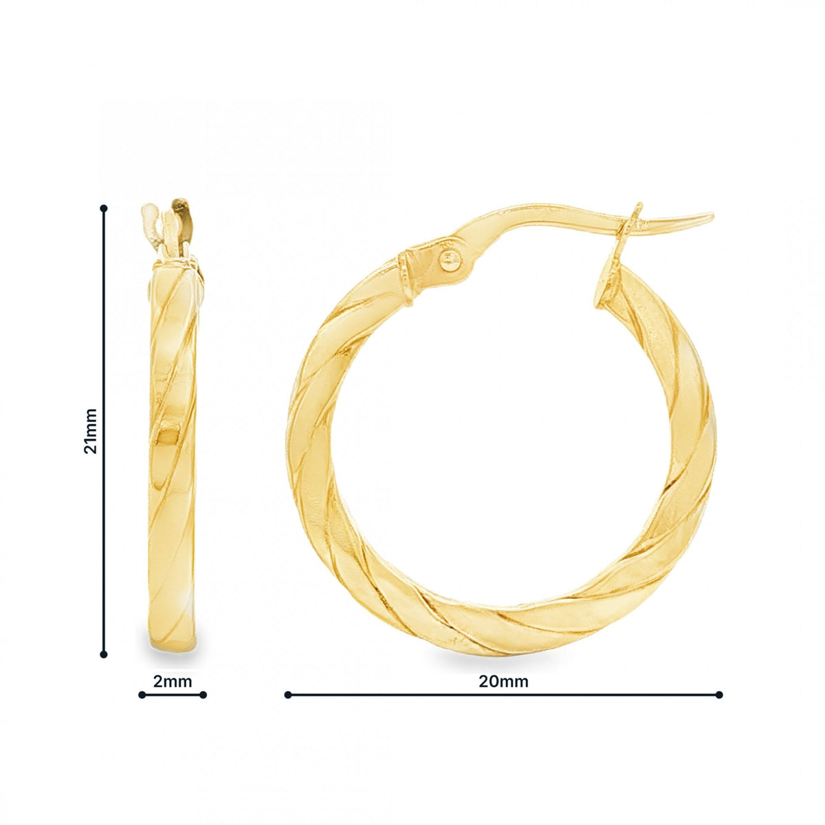 9ct Yellow Gold Twist Square Hoop Earrings - 2x21x20mm - 1.2g