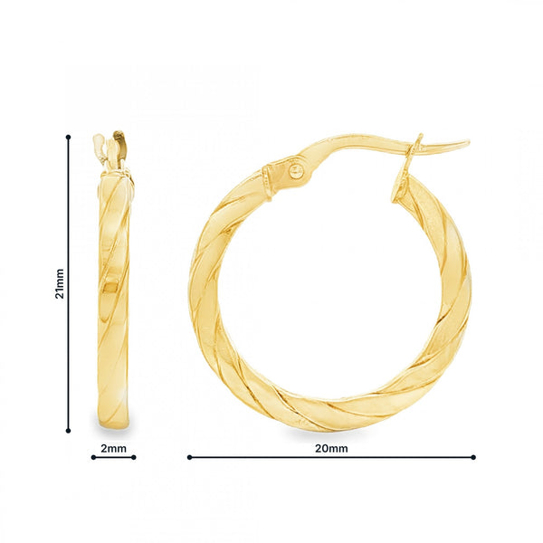 9ct Yellow Gold Twist Square Hoop Earrings - 2x21x20mm - 1.2g