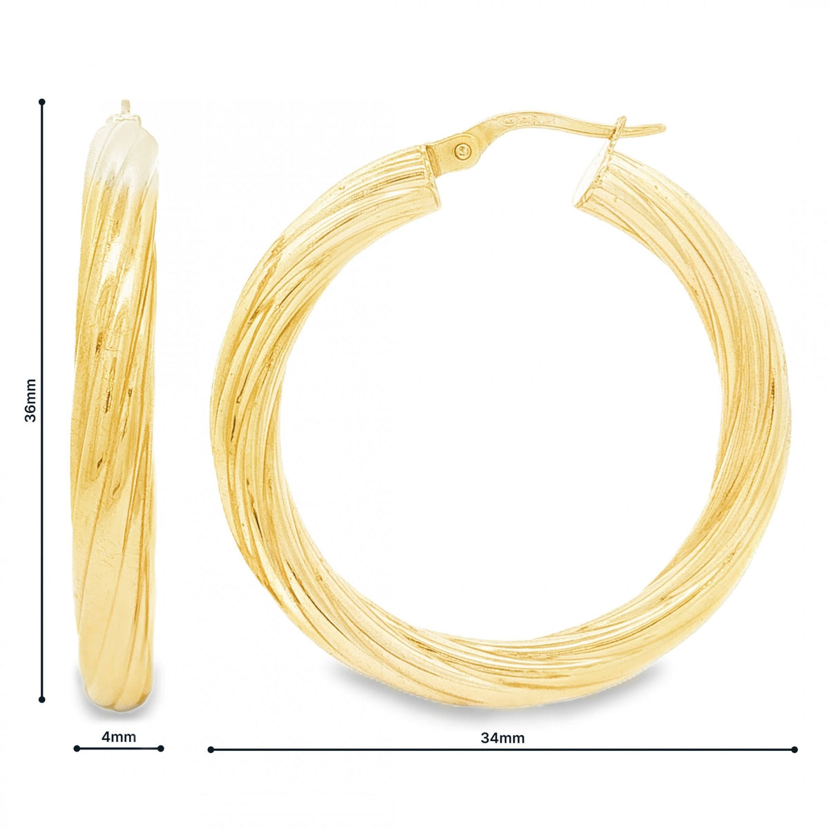 9ct Yellow Gold Round Twist Hoop Earrings - 4x36x34mm - 3.4g
