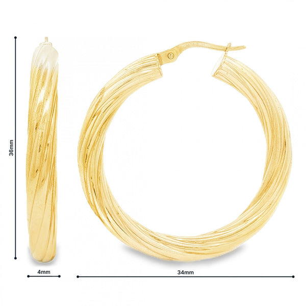 9ct Yellow Gold Round Twist Hoop Earrings - 4x36x34mm - 3.4g