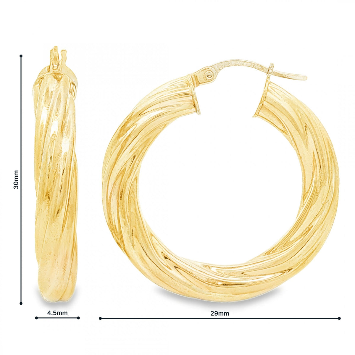 9ct Yellow Gold Hollow Tube Hoop Earrings - 4.5x30x29mm - 2.9g