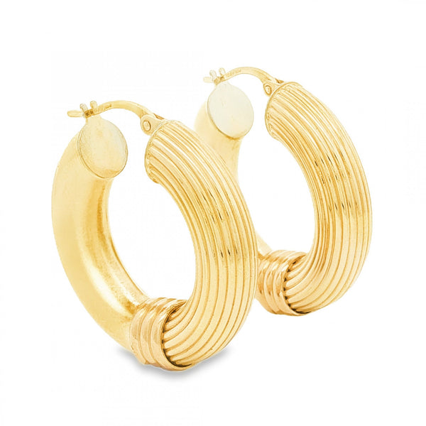 9ct Yellow Gold Patterned Hoop Earrings - 7x27x26mm - 4.5g