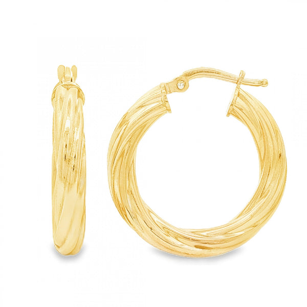 9ct Yellow Gold Twist Tube Hoop Earrings - 3.5x23x23mm - 2.0g