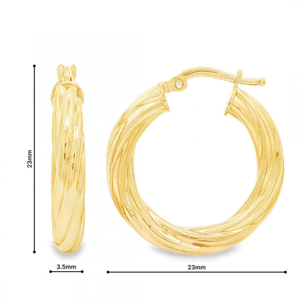 9ct Yellow Gold Twist Tube Hoop Earrings - 3.5x23x23mm - 2.0g