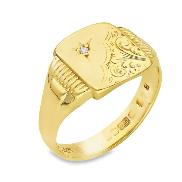 9ct Yellow Gold Diamond Cushion Signet Ring - Size R - 13mm