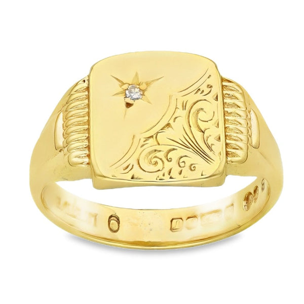 9ct Yellow Gold Diamond Cushion Signet Ring - Size R - 13mm
