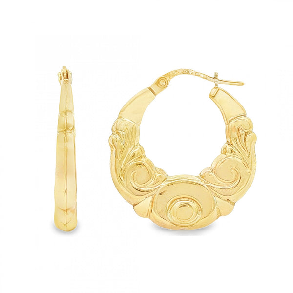 9ct Yellow Gold Graduated Scroll Hoop Earrings - 3x24x22mm -2.1g
