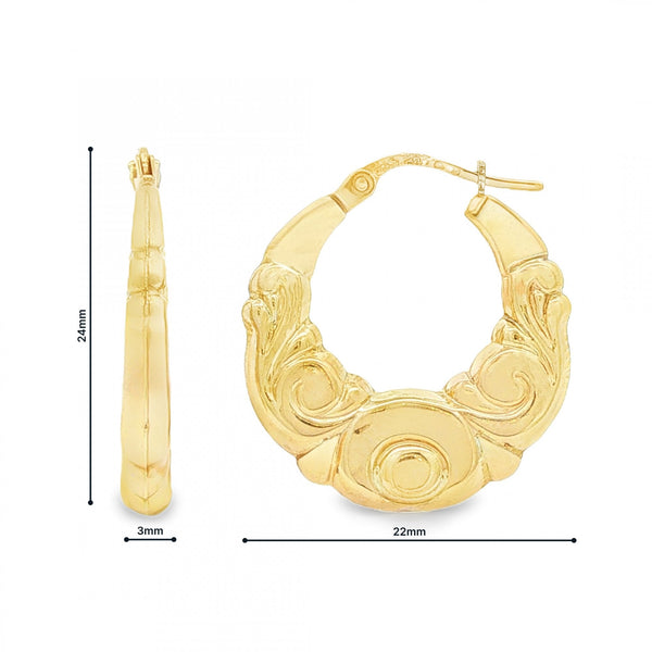 9ct Yellow Gold Graduated Scroll Hoop Earrings - 3x24x22mm -2.1g