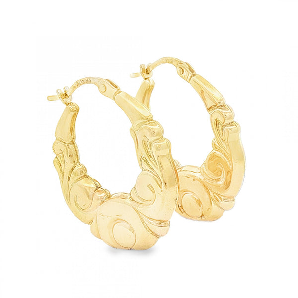 9ct Yellow Gold Graduated Scroll Hoop Earrings - 3x24x22mm -2.1g