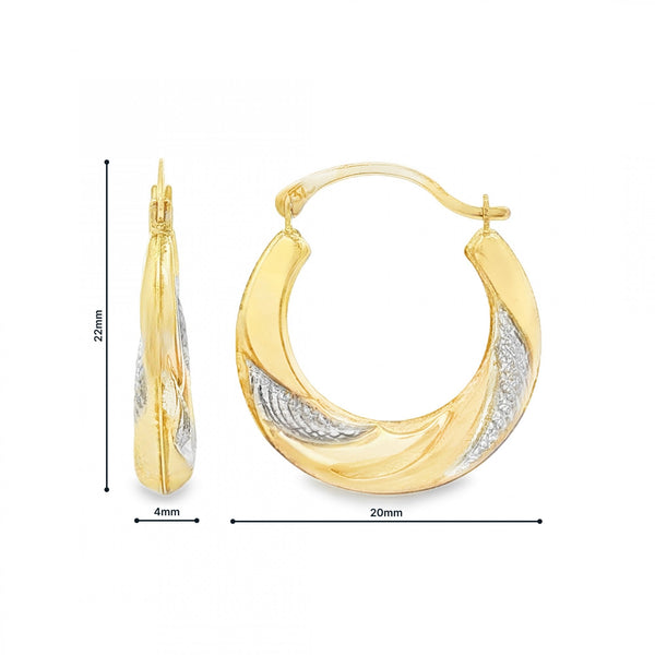 9ct Yellow & White Gold Twist Pattern Hoop Earrings - 4x22x20mm