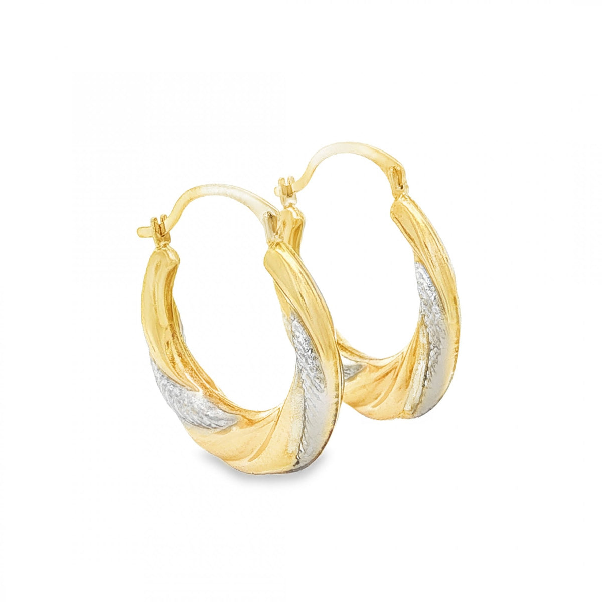 9ct Yellow & White Gold Twist Pattern Hoop Earrings - 4x22x20mm