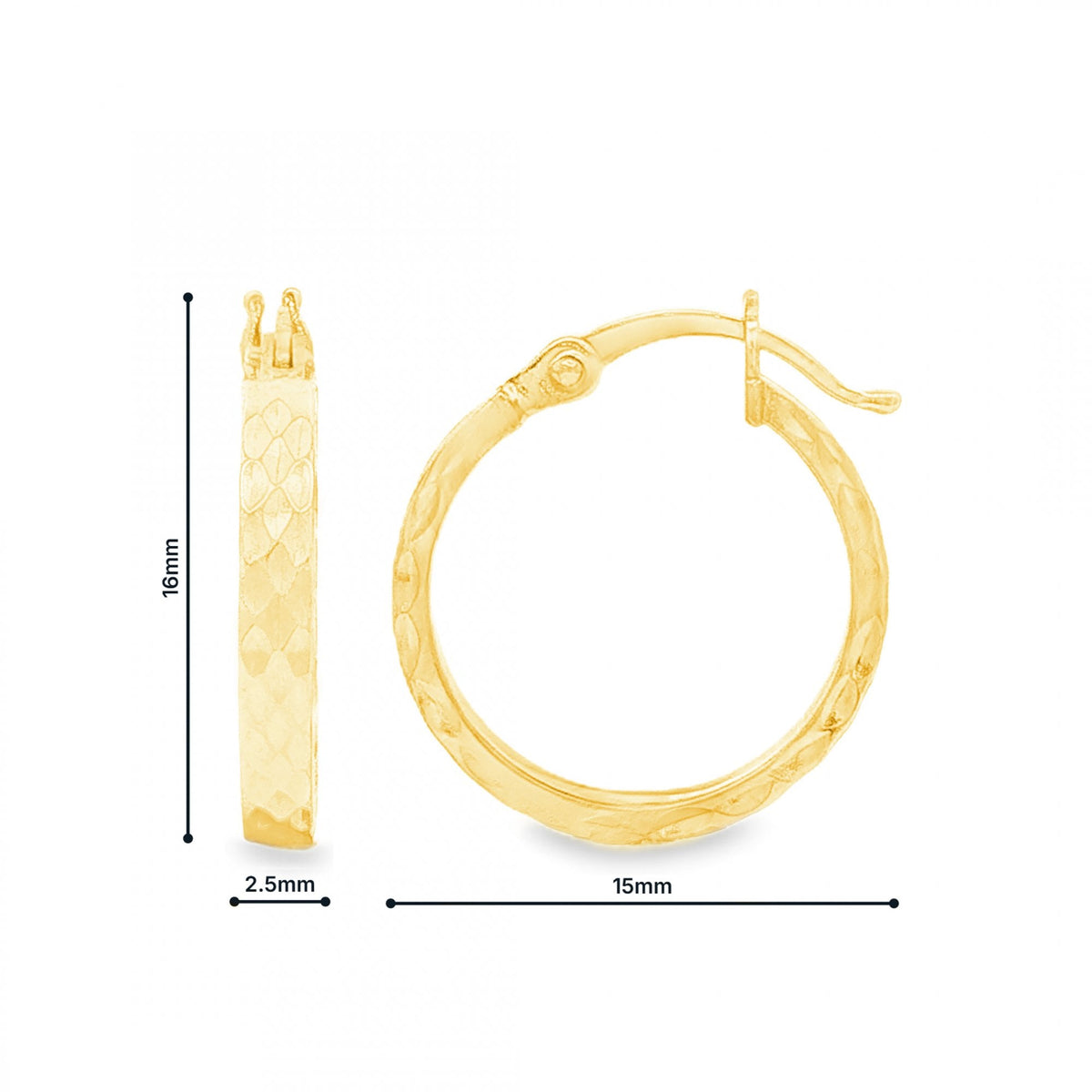 9ct Yellow Gold Round Patterned Hoop Earrings - 2.5x16x15mm