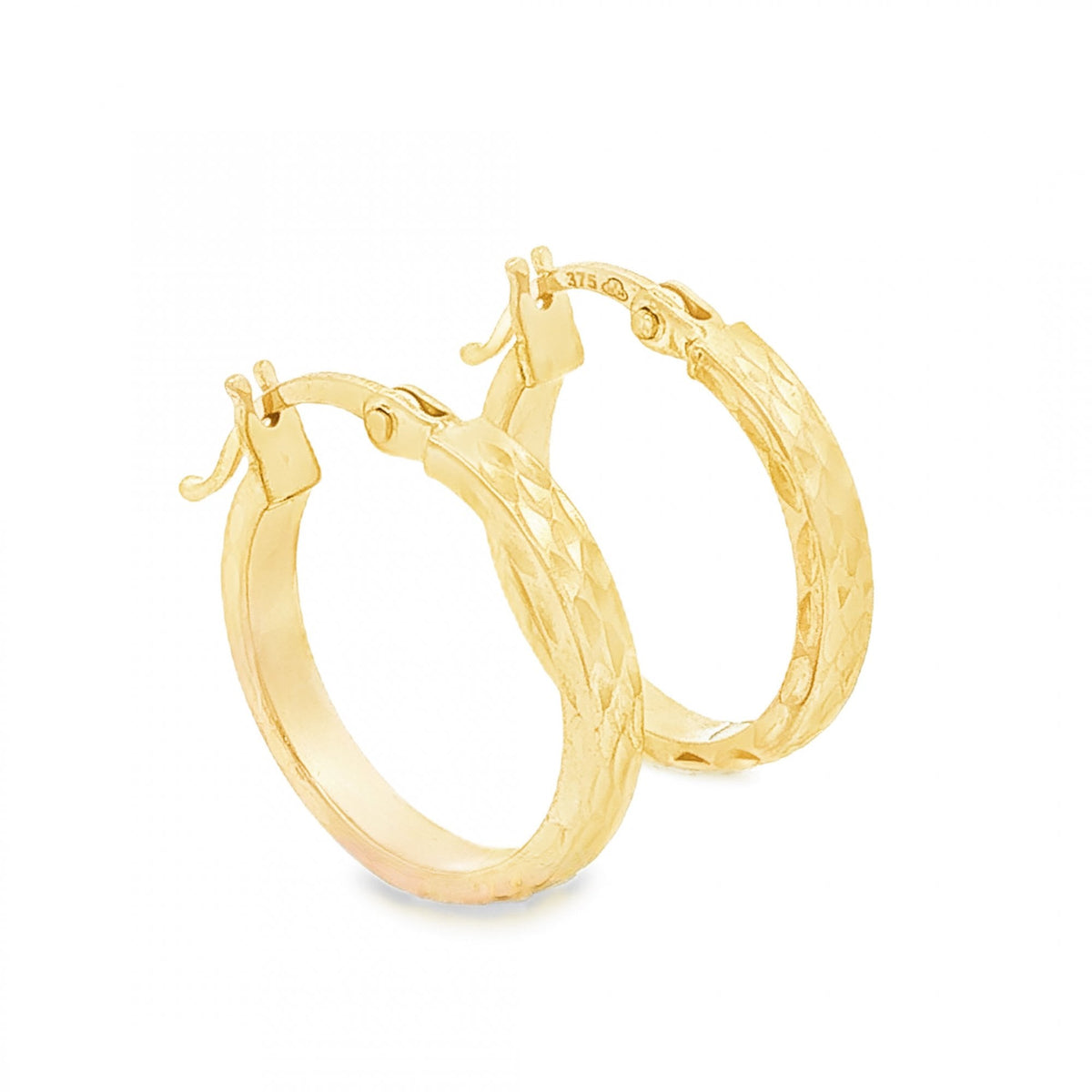 9ct Yellow Gold Round Patterned Hoop Earrings - 2.5x16x15mm