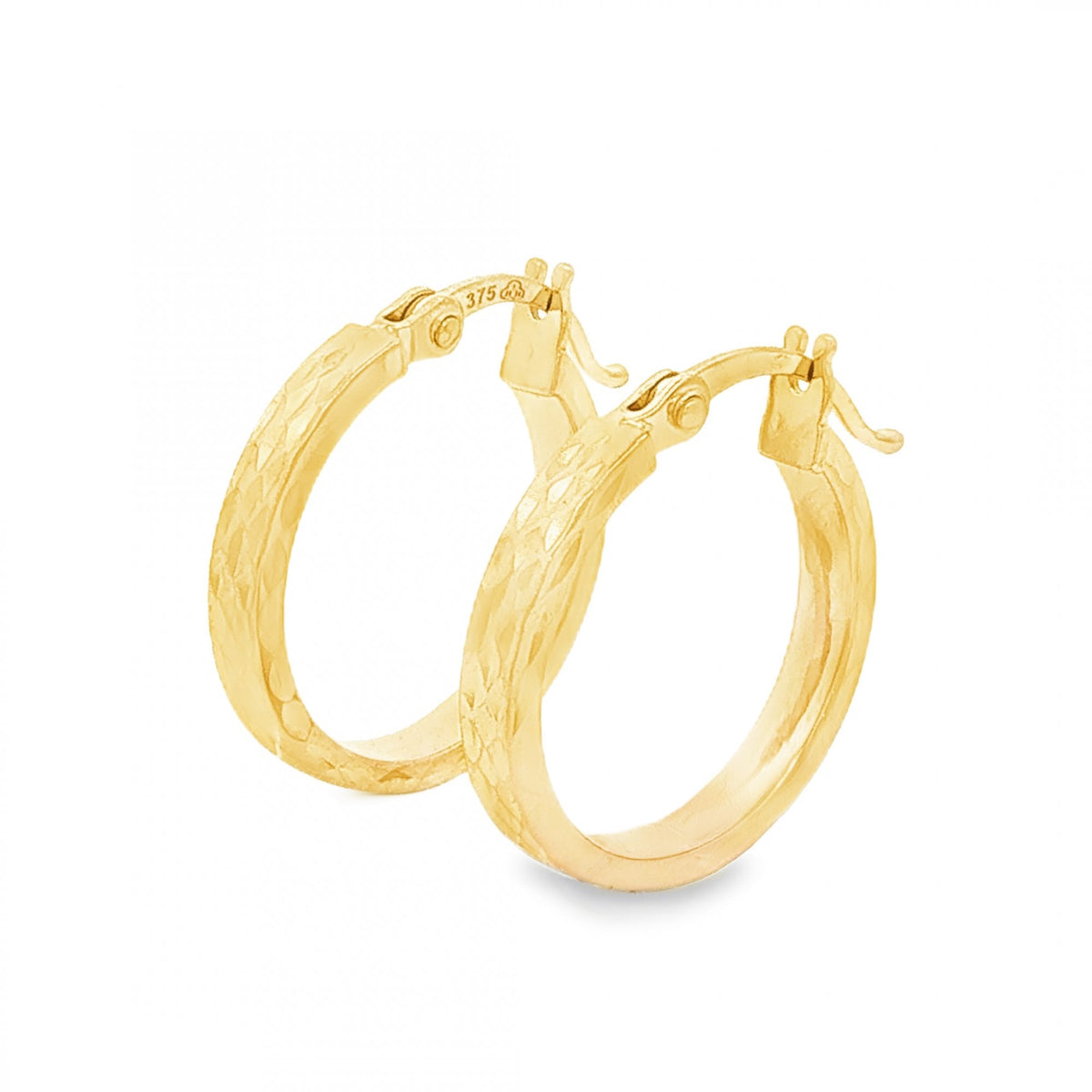 9ct Yellow Gold Round Patterned Hoop Earrings - 2.5x16x15mm