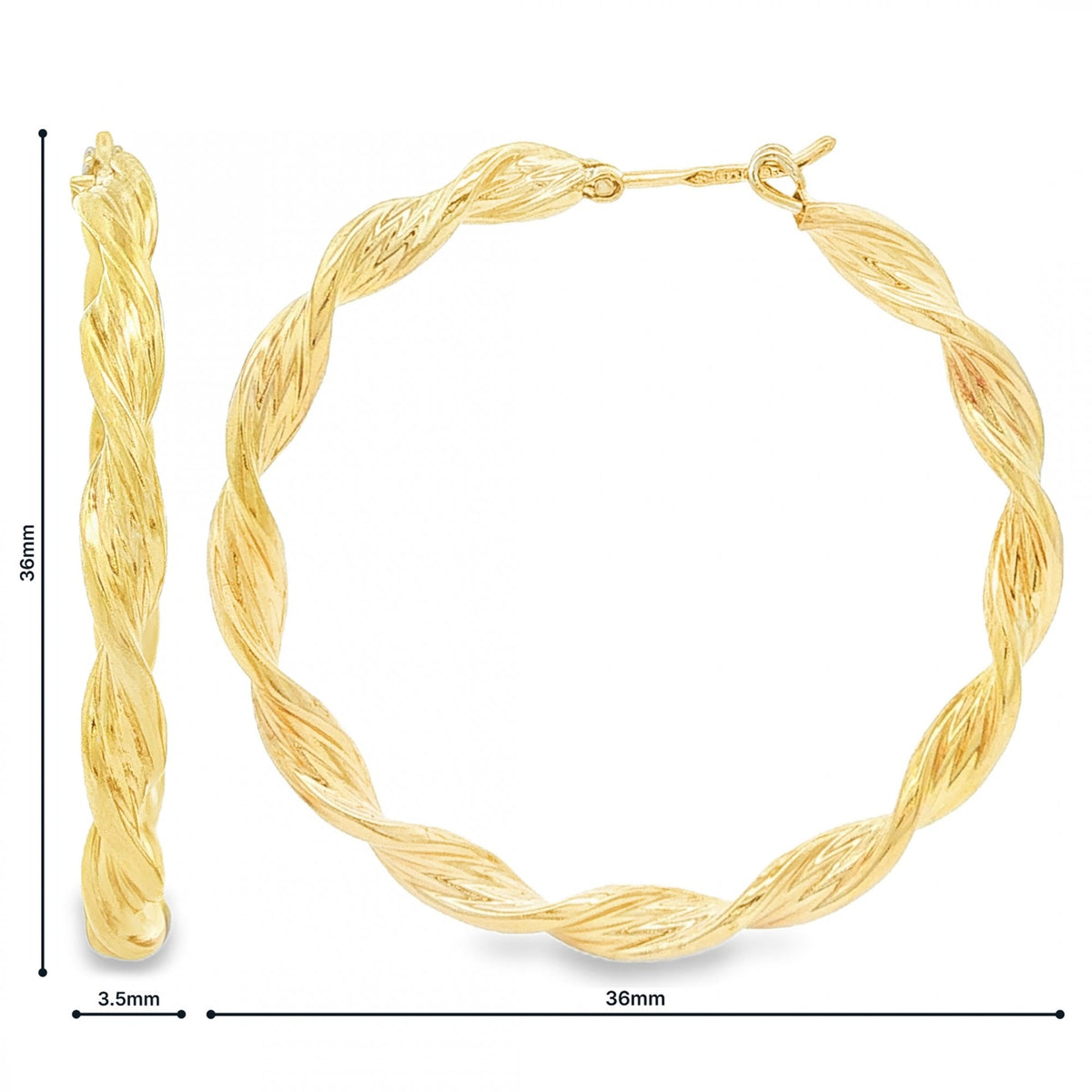 9ct Yellow Gold Twist Ribbon Hoop Earrings - 3.5x36x36mm - 3.1g