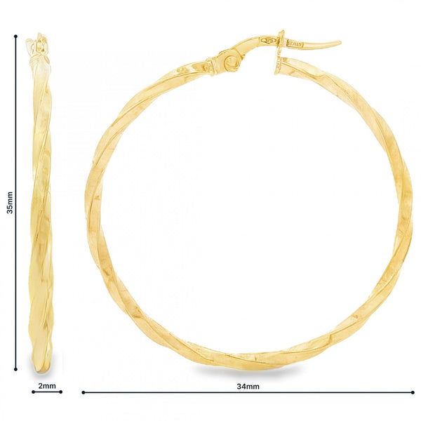 9ct Yellow Gold Fine Twist Hoop Earrings - 2x35x34mm - 1.2g