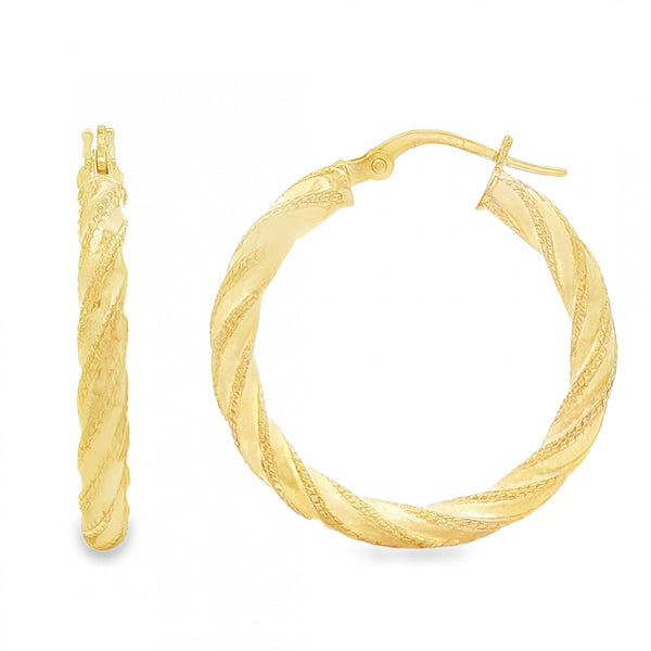 9ct Yellow Gold Round Patterned Twist Ribbon Hoop Earrings -2.0g