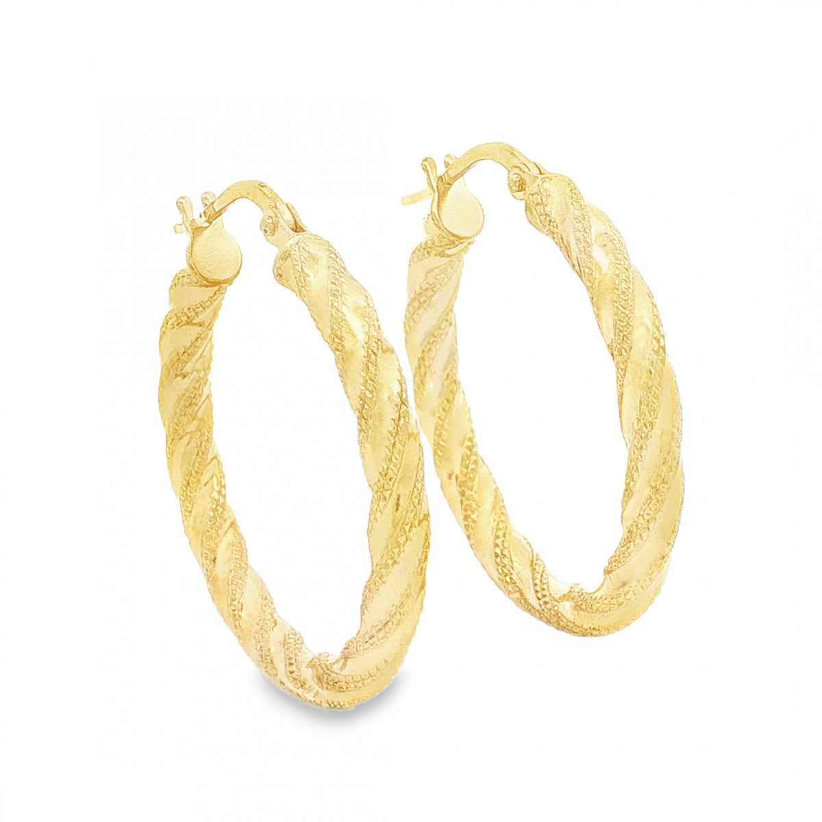 9ct Yellow Gold Round Patterned Twist Ribbon Hoop Earrings -2.0g