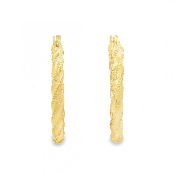 9ct Yellow Gold Round Patterned Twist Ribbon Hoop Earrings -2.0g