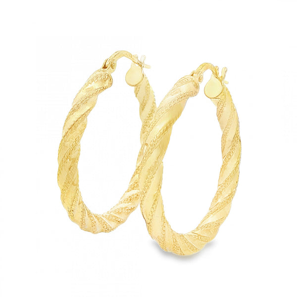 9ct Yellow Gold Round Patterned Twist Ribbon Hoop Earrings -2.0g