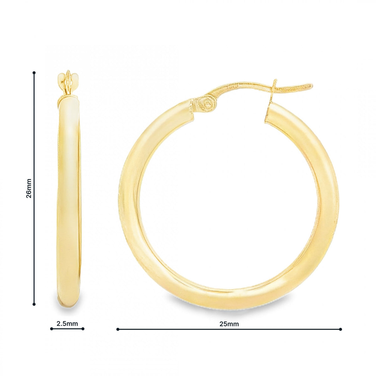 9ct Yellow Gold Plain Tube Hoop Earrings -2.5x26x25mm - 1.2g