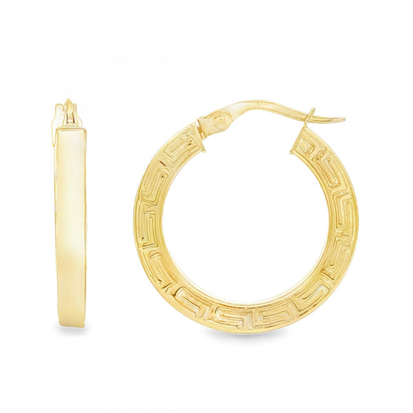 9ct Yellow Gold Greek-Key Square Hoop Earrings - 3x22x21mm -1.4g