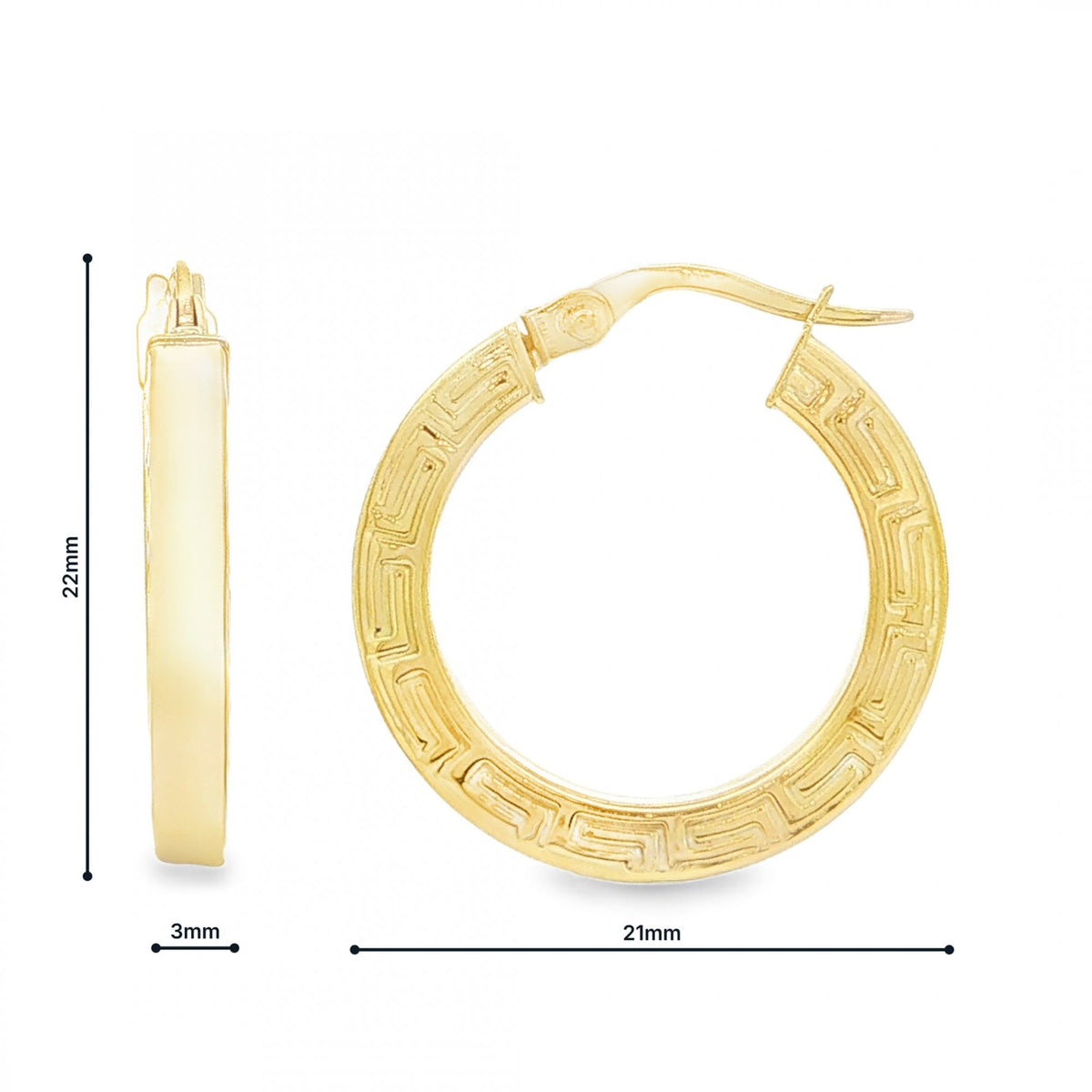 9ct Yellow Gold Greek-Key Square Hoop Earrings - 3x22x21mm -1.4g