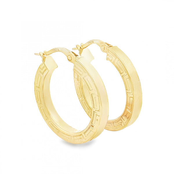 9ct Yellow Gold Greek-Key Square Hoop Earrings - 3x22x21mm -1.4g
