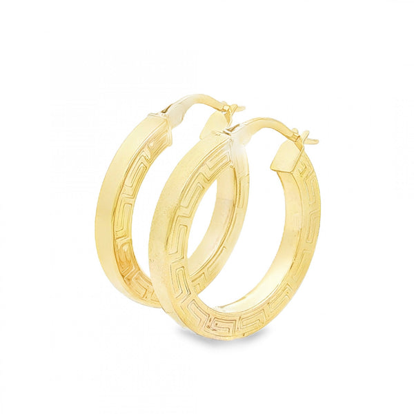 9ct Yellow Gold Greek-Key Square Hoop Earrings - 3x22x21mm -1.4g