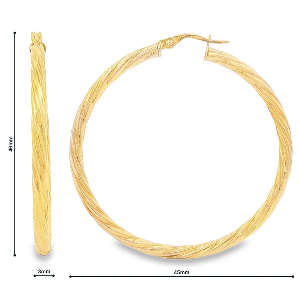9ct Yellow Gold Large Twist Hoop Earrings - 3x46x45mm - 2.2g