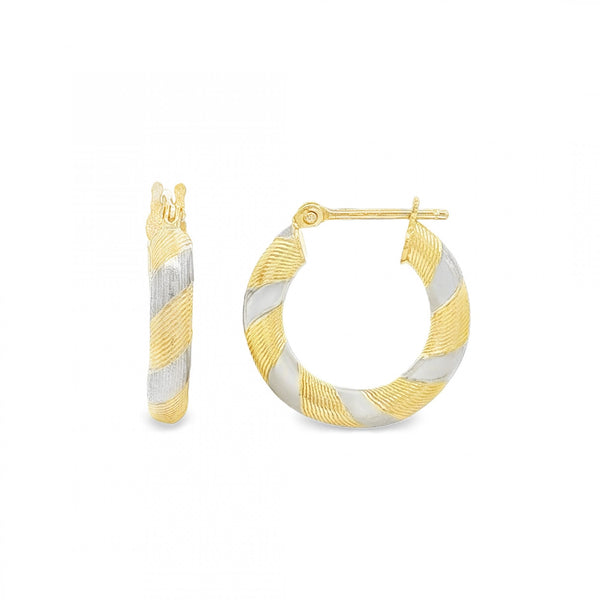 9ct Yellow & White Gold Striped Patterned Hoop Earrings - 1.8g