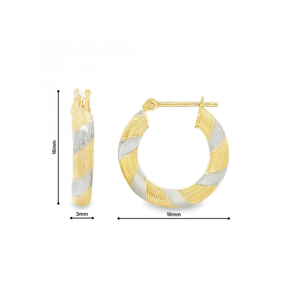9ct Yellow & White Gold Striped Patterned Hoop Earrings - 1.8g