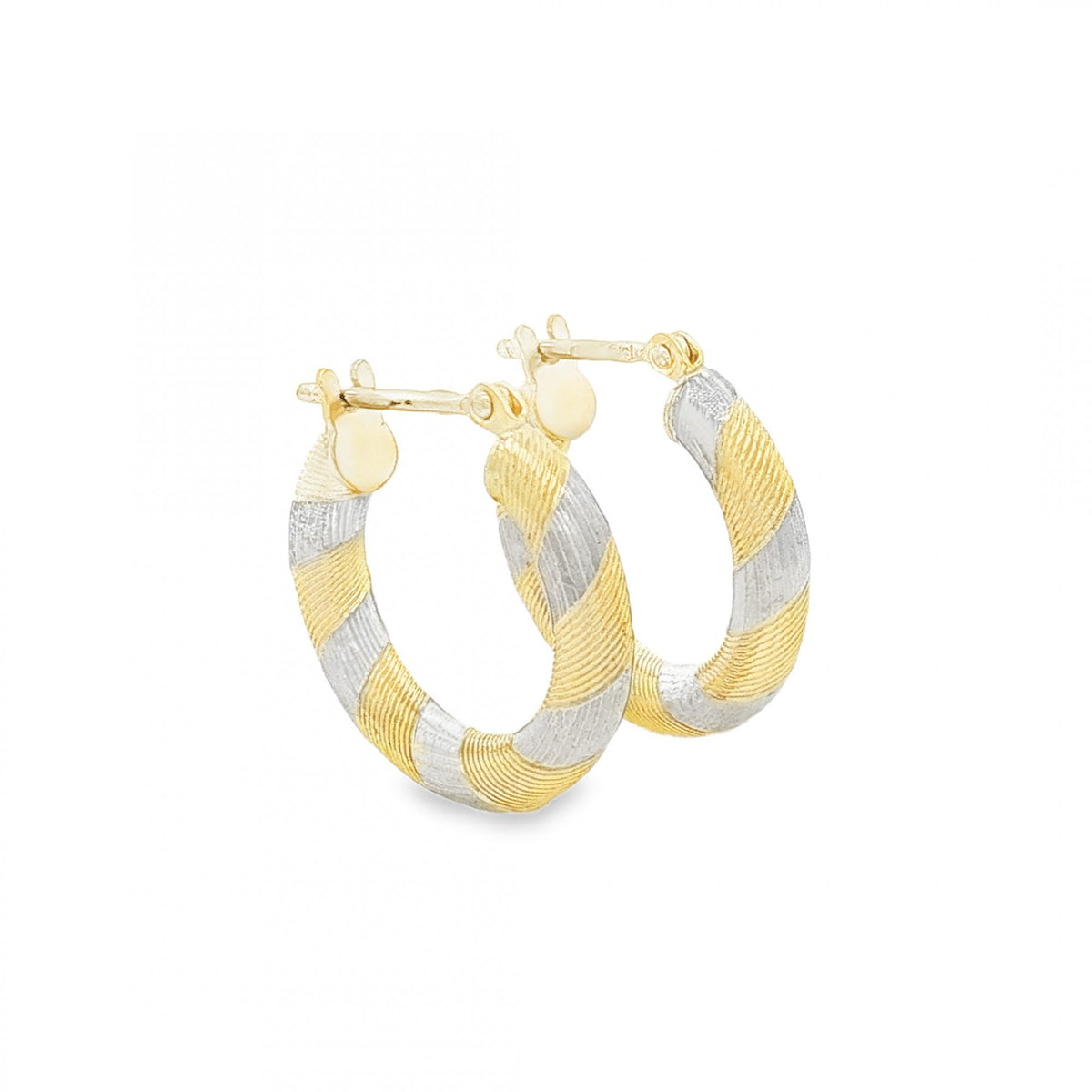 9ct Yellow & White Gold Striped Patterned Hoop Earrings - 1.8g