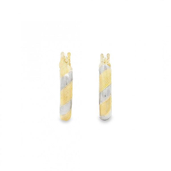 9ct Yellow & White Gold Striped Patterned Hoop Earrings - 1.8g