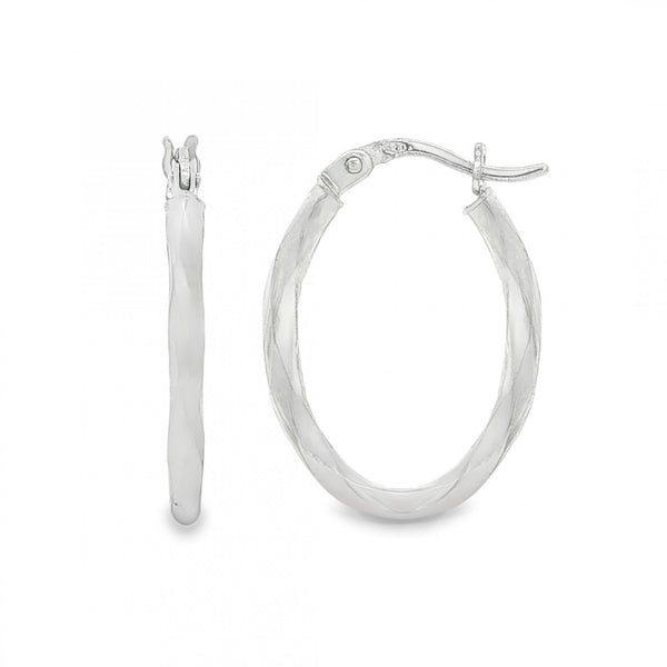 9ct White Gold Oval Faceted Hoop Earrings - 2x23x17mm - 1.3g