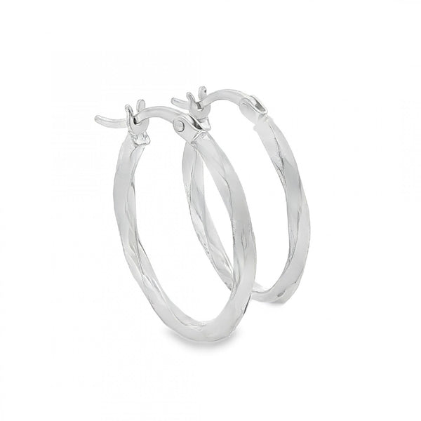 9ct White Gold Oval Faceted Hoop Earrings - 2x23x17mm - 1.3g