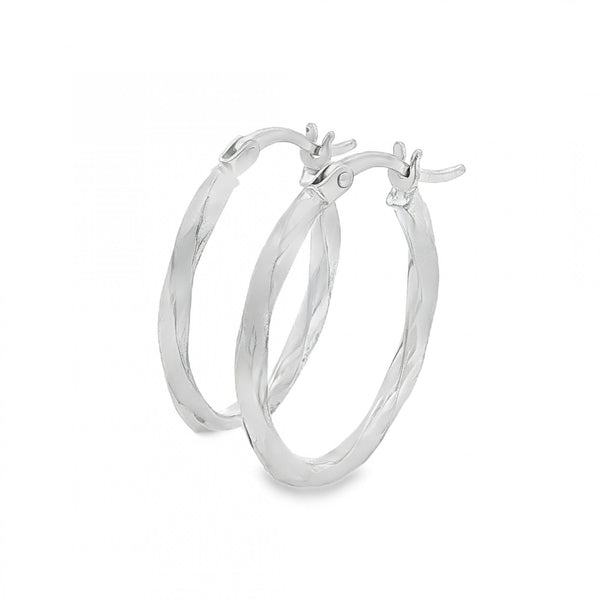 9ct White Gold Oval Faceted Hoop Earrings - 2x23x17mm - 1.3g