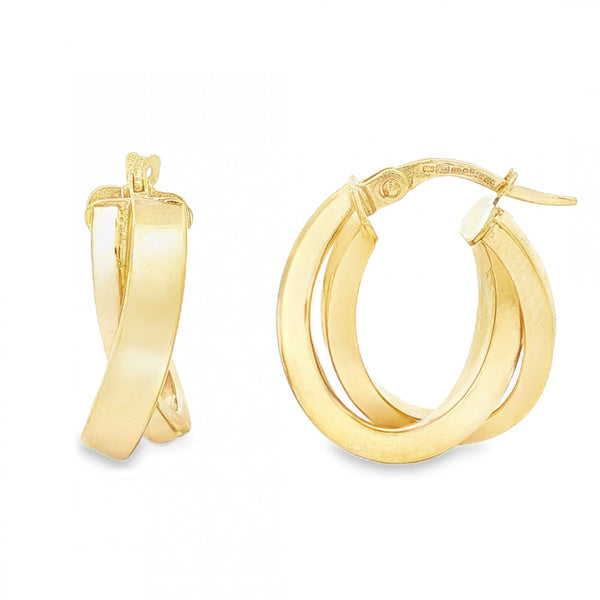 9ct Yellow Gold Square Tube Double Hoop Earrings - 7x20x18mm