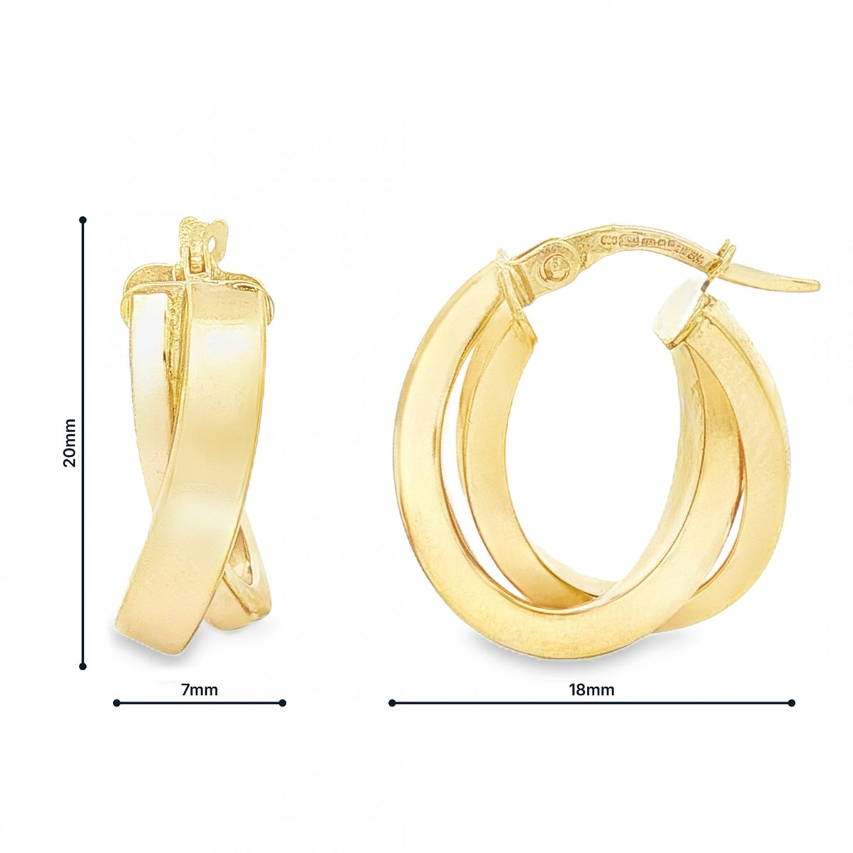 9ct Yellow Gold Square Tube Double Hoop Earrings - 7x20x18mm