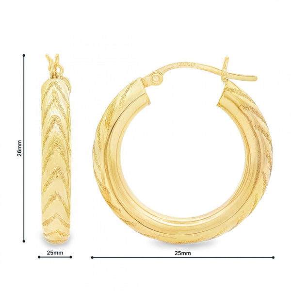 9ct Yellow Gold Patterned Round Hoop Earrings - 4x26x25mm - 2.5g