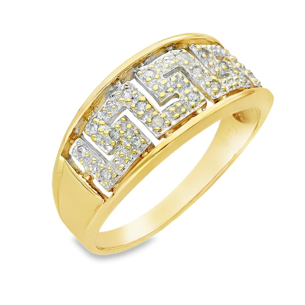 9ct Yellow Gold Pavé Diamond Greek Key Ring - Size Q - 0.10ct