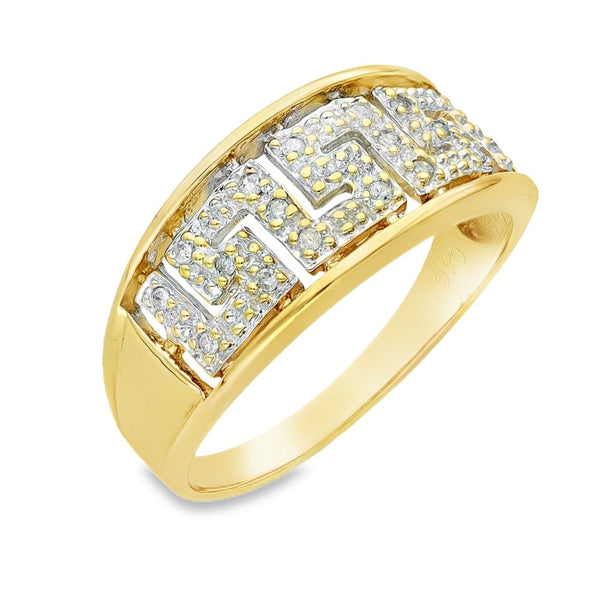 9ct Yellow Gold Pavé Diamond Greek Key Ring - Size Q - 0.10ct
