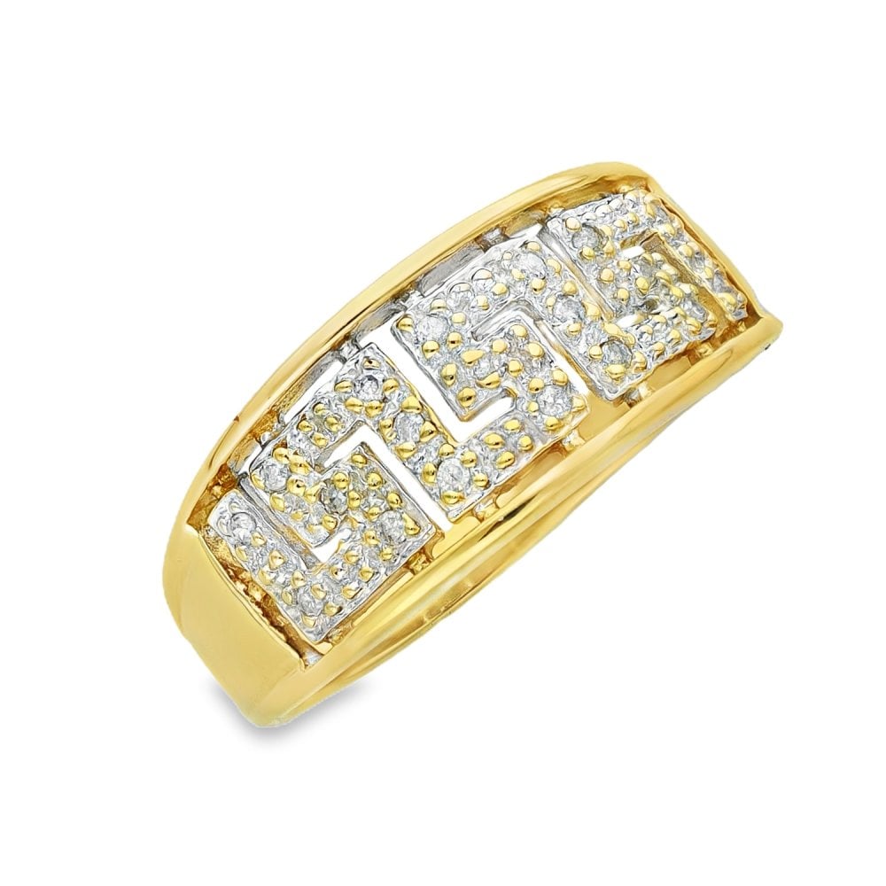 9ct Yellow Gold Pavé Diamond Greek Key Ring - Size Q - 0.10ct