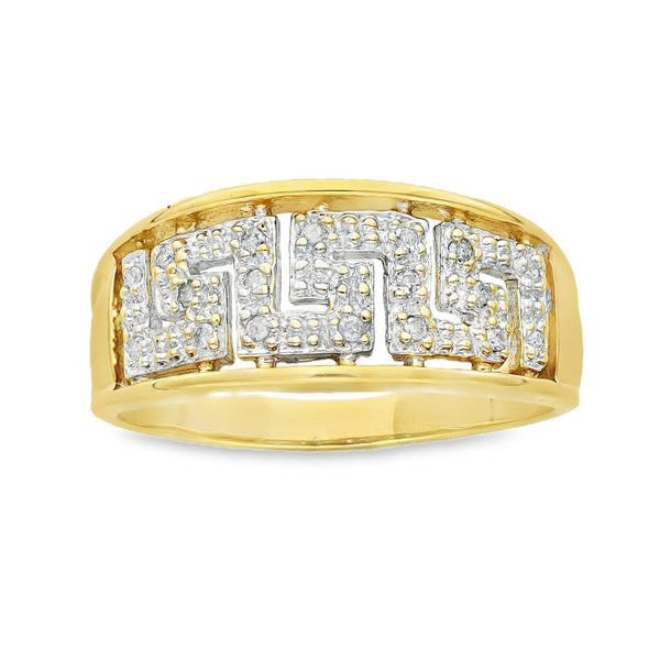 9ct Yellow Gold Pavé Diamond Greek Key Ring - Size Q - 0.10ct