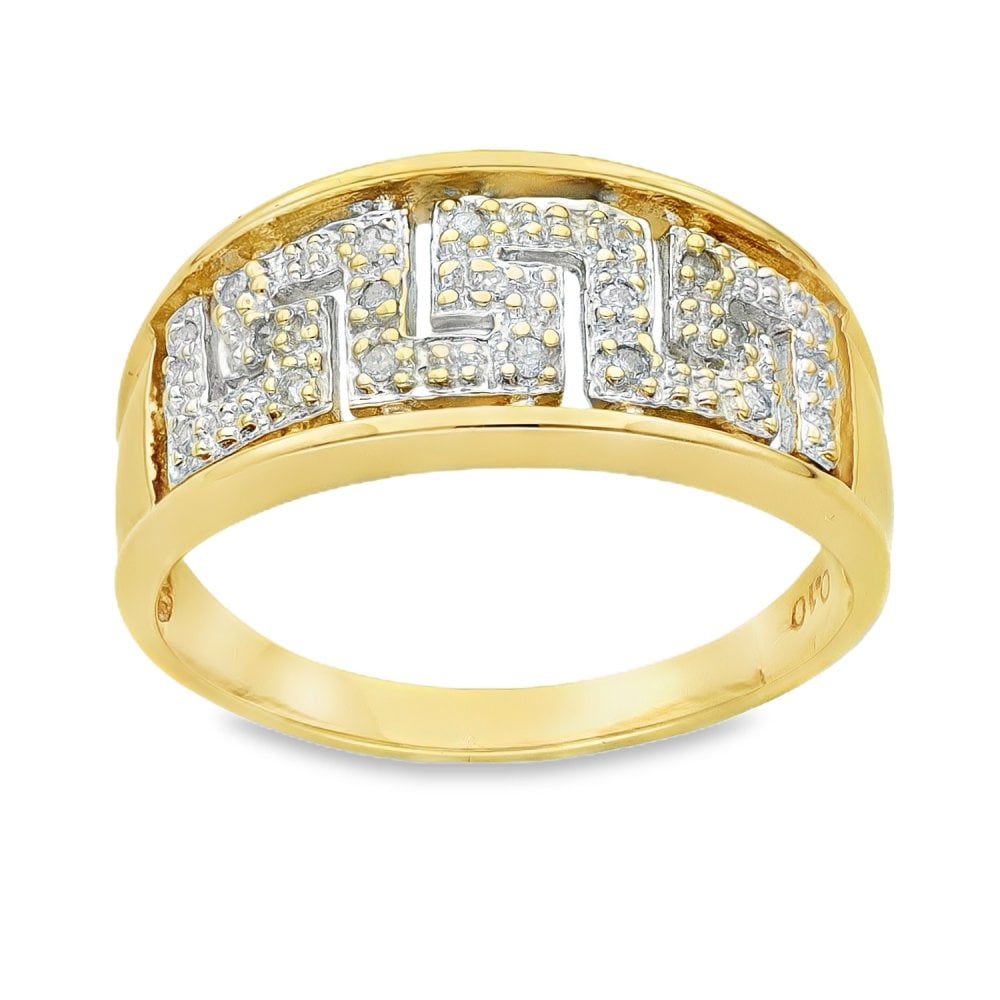 9ct Yellow Gold Pavé Diamond Greek Key Ring - Size Q - 0.10ct