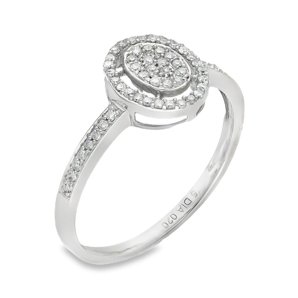 9ct White Gold Diamond Oval Cluster Ring - Size N - 0.20ct